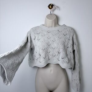 Open Knit Cropped Oversize Sweater Crochet Womens Sz XS Bell Sleeve Boho Cottage